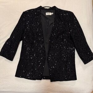 Eliza J Black Sequin Beaded Blazer Jacket Three Quarter Sleeve Holiday Cocktail